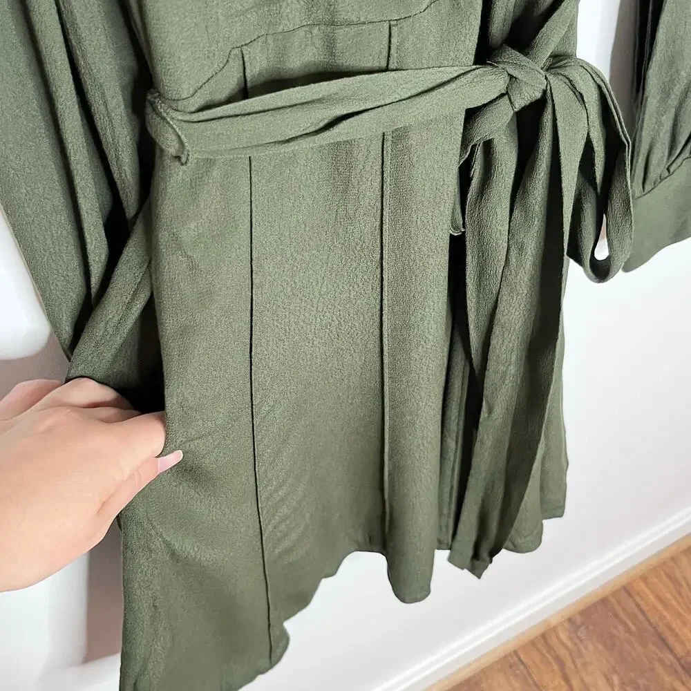 Gal Meets Glam Olive Green Faux Wrap Tie Waist Mini Dress Long Sleeve US 2 - Picture 5 of 10